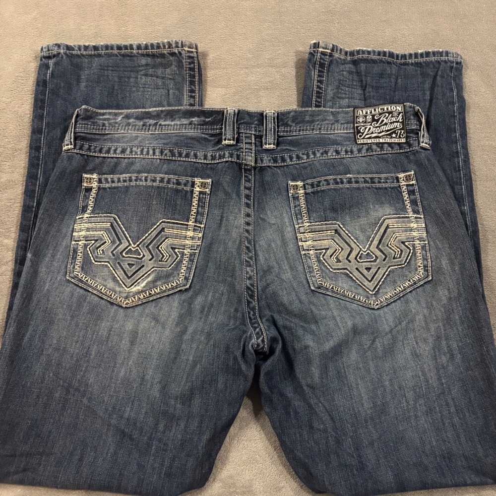 Affliction Black Premium Blake Jeans Mens 38 Relaxed Straight Blue Embroidered